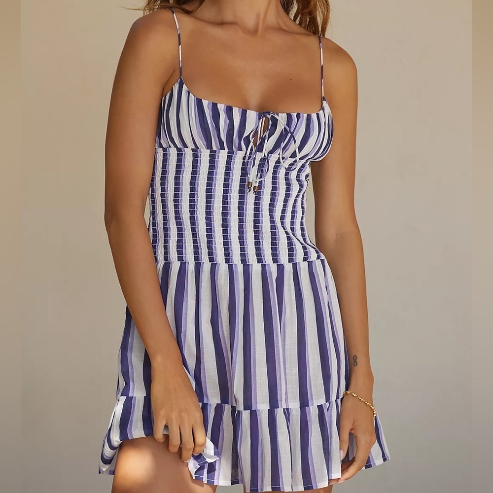 NWT Anthropologie Tiered Smocked Mini Dress vacation Resortwear stripe XS